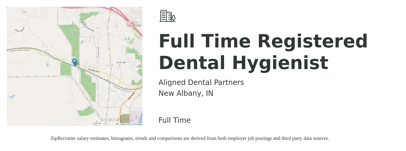 Aligned Dental Partners job posting for a Full Time Registered Dental Hygienist in New Albany, IN with a salary of $40 to $45 Hourly with a map of New Albany location.