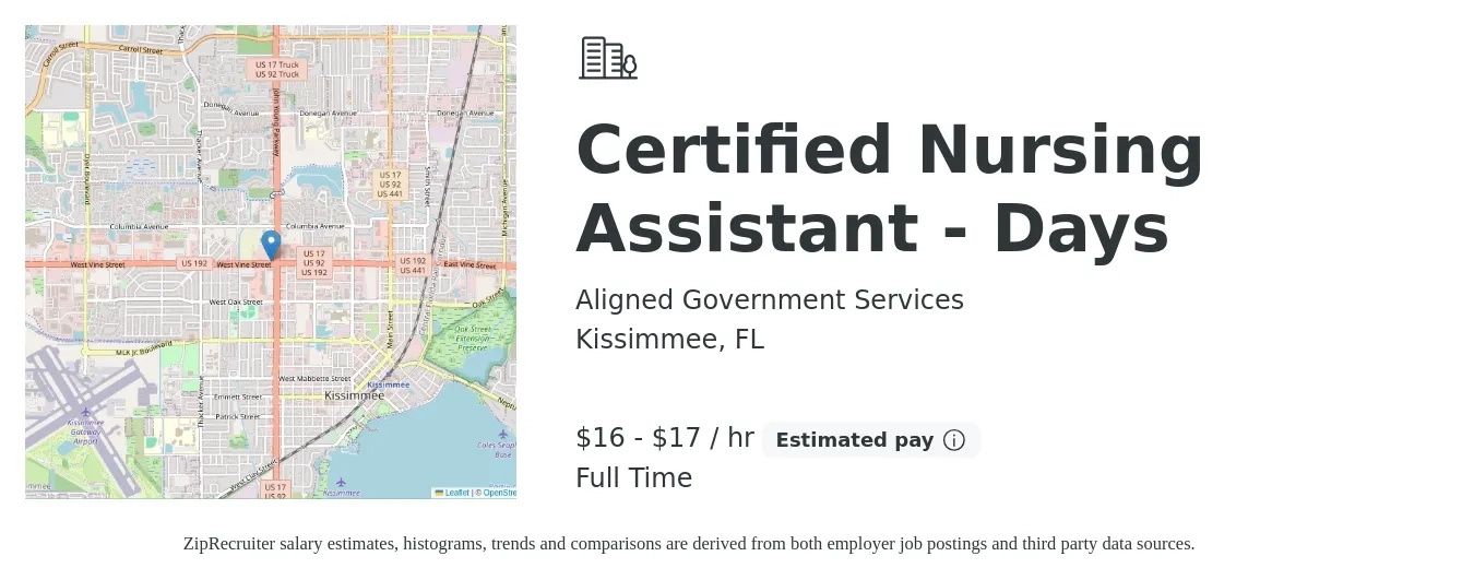 Aligned Government Services job posting for a Certified Nursing Assistant - Days in Kissimmee, FL with a salary of $17 to $18 Hourly with a map of Kissimmee location.