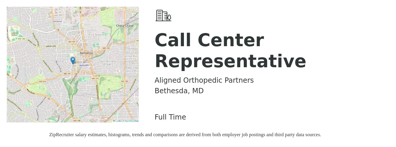 Aligned Orthopedic Partners job posting for a Call Center Representative in Bethesda, MD with a salary of $17 to $22 Hourly with a map of Bethesda location.