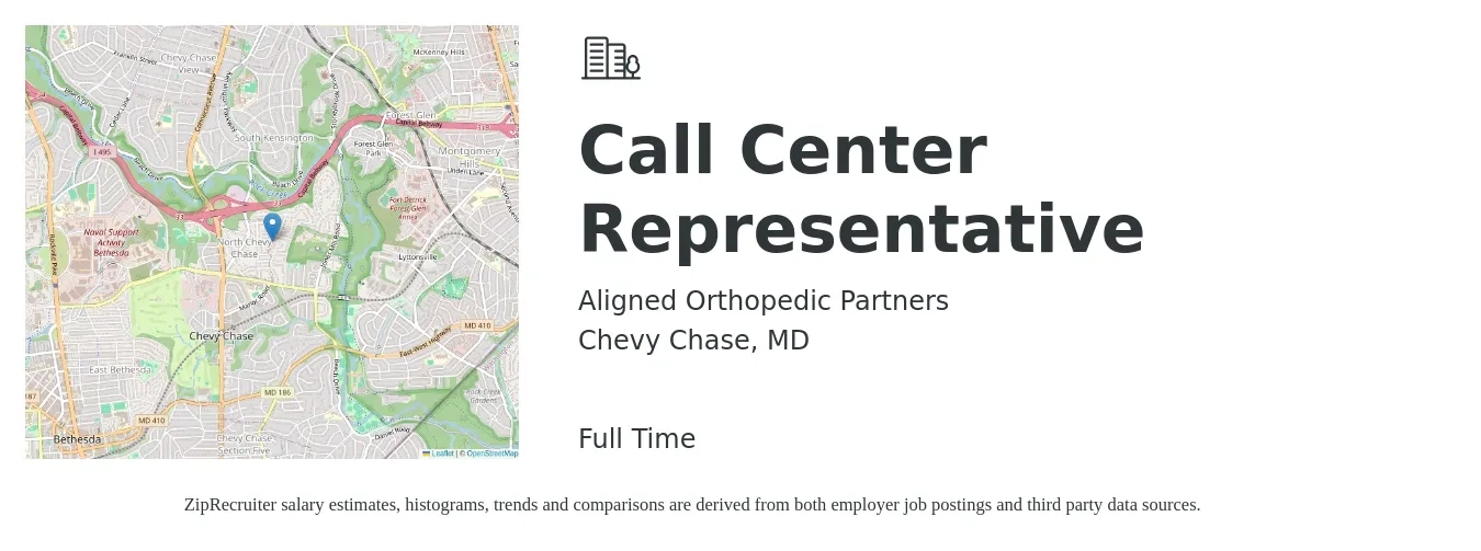 Aligned Orthopedic Partners job posting for a Call Center Representative in Chevy Chase, MD with a salary of $17 to $21 Hourly with a map of Chevy Chase location.