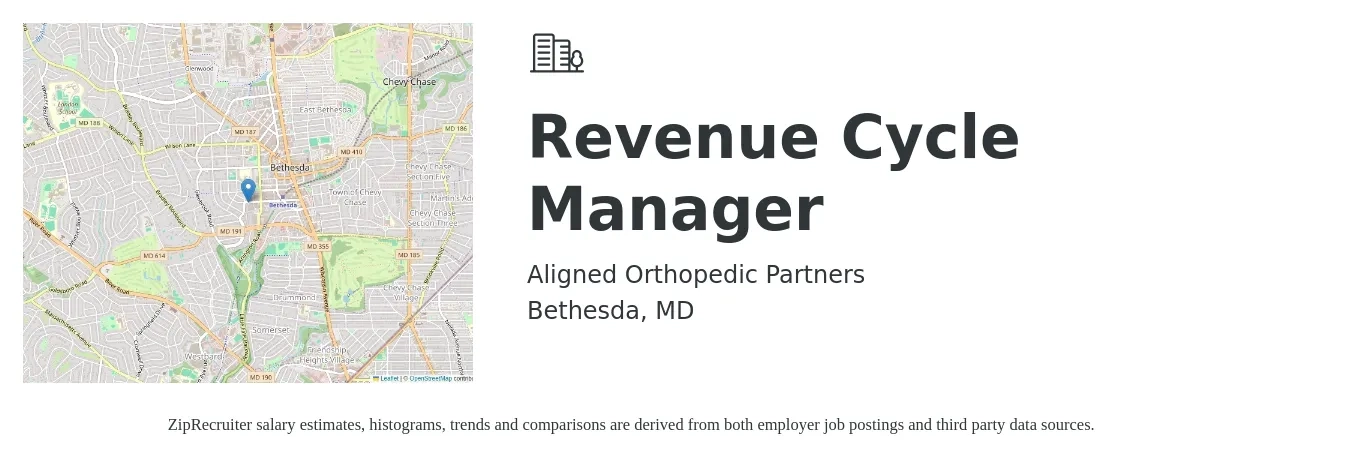 Aligned Orthopedic Partners job posting for a Revenue Cycle Manager in Bethesda, MD with a salary of $70,700 to $104,000 Yearly with a map of Bethesda location.