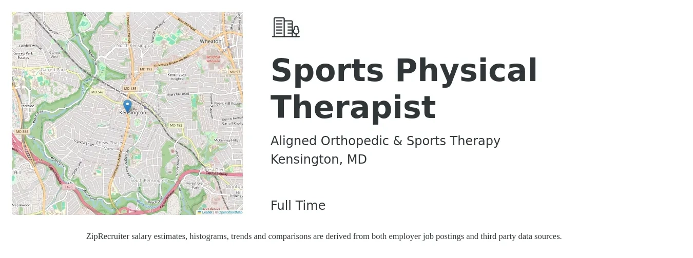 Aligned Orthopedic & Sports Therapy job posting for a Sports Physical Therapist in Kensington, MD with a salary of $1,710 to $2,210 Weekly with a map of Kensington location.