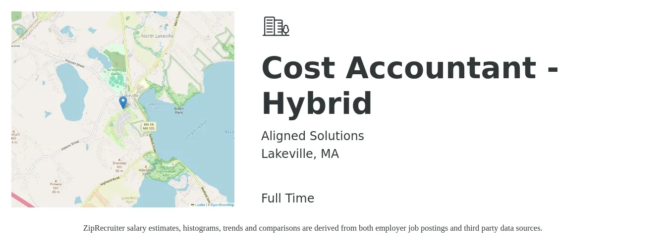 Aligned Solutions job posting for a Cost Accountant - Hybrid in Lakeville, MA with a salary of $69,300 to $92,600 Yearly with a map of Lakeville location.