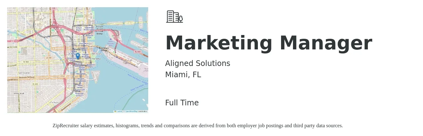 Aligned Solutions job posting for a Marketing Manager in Miami, FL with a salary of $57,300 to $93,600 Yearly with a map of Miami location.