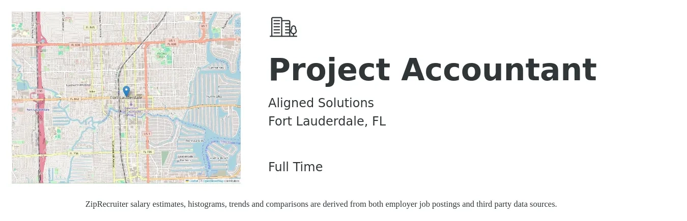 Aligned Solutions job posting for a Project Accountant in Fort Lauderdale, FL with a salary of $58,100 to $76,200 Yearly with a map of Fort Lauderdale location.