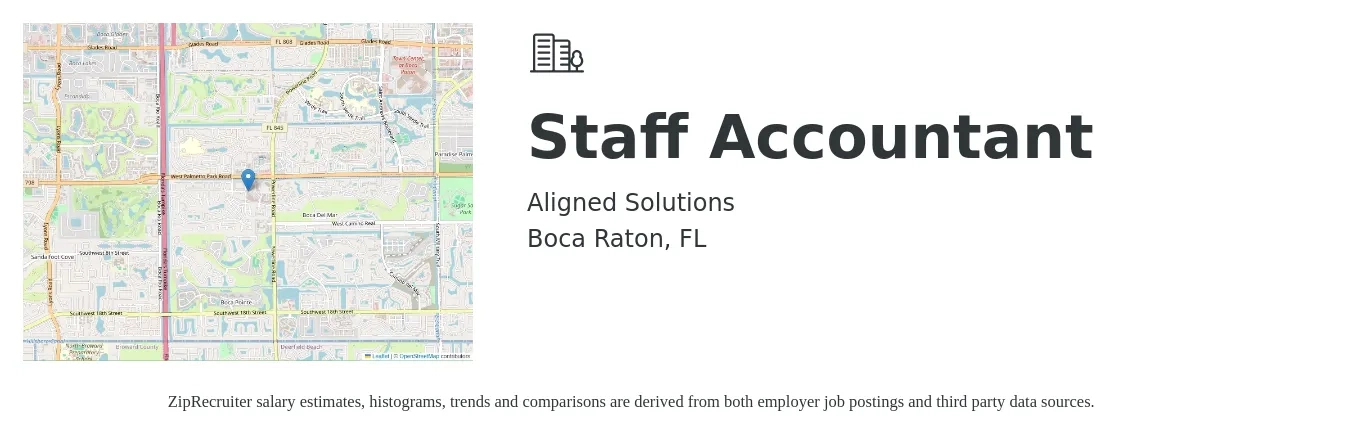 Aligned Solutions Inc job posting for a Staff Accountant in Boca Raton, FL with a salary of $52,000 to $68,600 Yearly with a map of Boca Raton location.