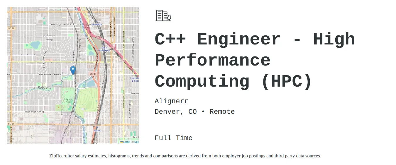 Alignerr job posting for a C++ Engineer - High Performance Computing (HPC) in Denver, CO with a salary of $100,900 to $148,700 Annually with a map of Denver location.