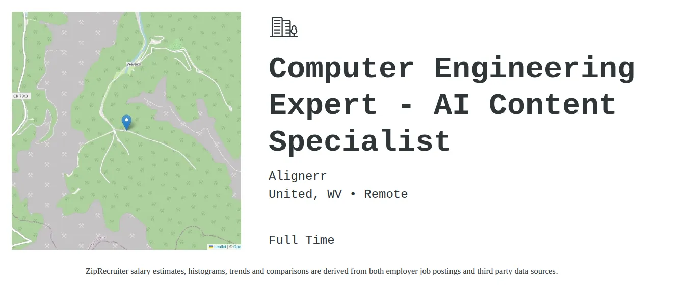 Alignerr job posting for a Computer Engineering Expert - AI Content Specialist in Chicago, IL with a salary of $35 to $60 Hourly with a map of Chicago location.