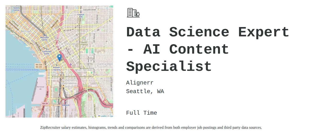 Alignerr job posting for a Data Science Expert - AI Content Specialist in Seattle, WA with a salary of $112,200 to $154,900 Annually with a map of Seattle location.