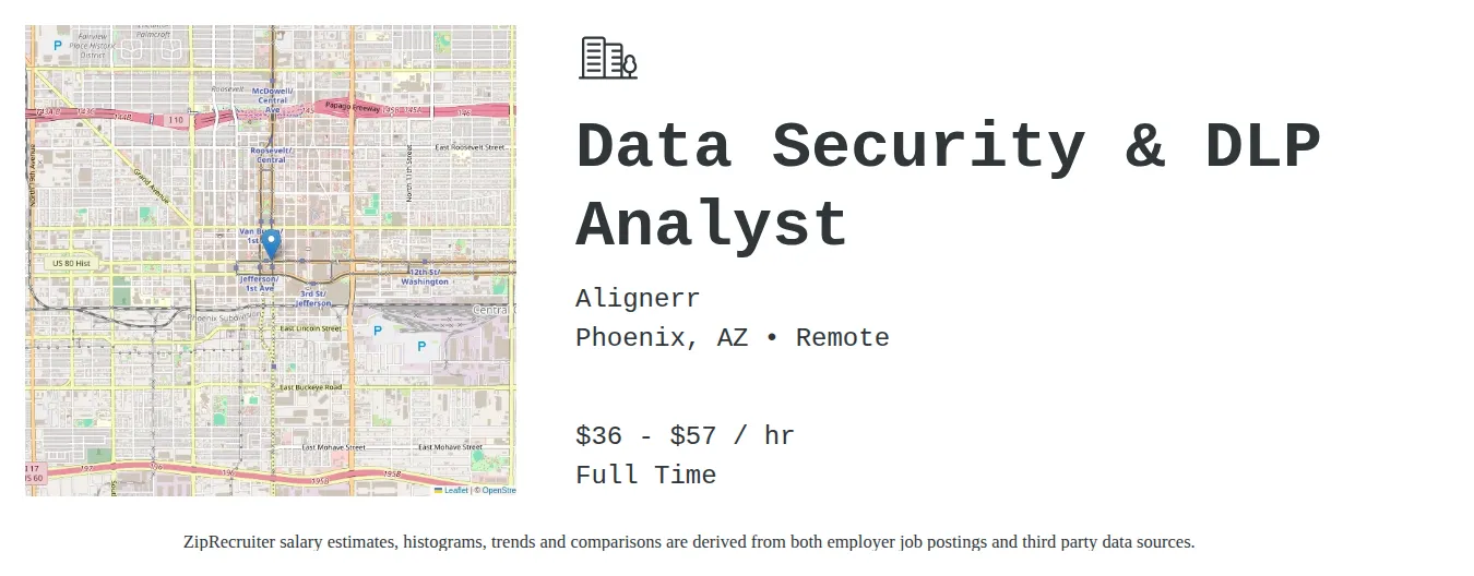 Alignerr job posting for a Data Security & DLP Analyst in Phoenix, AZ with a salary of $38 to $60 Hourly with a map of Phoenix location.