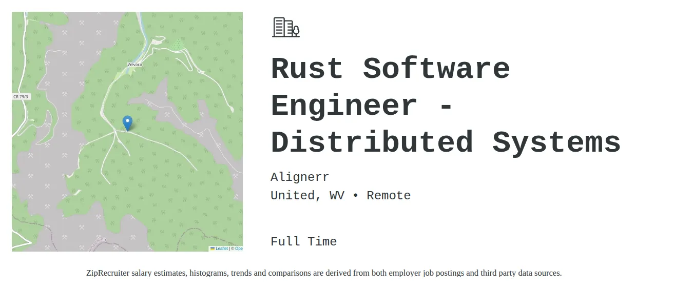Alignerr job posting for a Rust Software Engineer - Distributed Systems in Remote, US with a salary of $160,100 to $189,700 Annually with a map of Remote location.