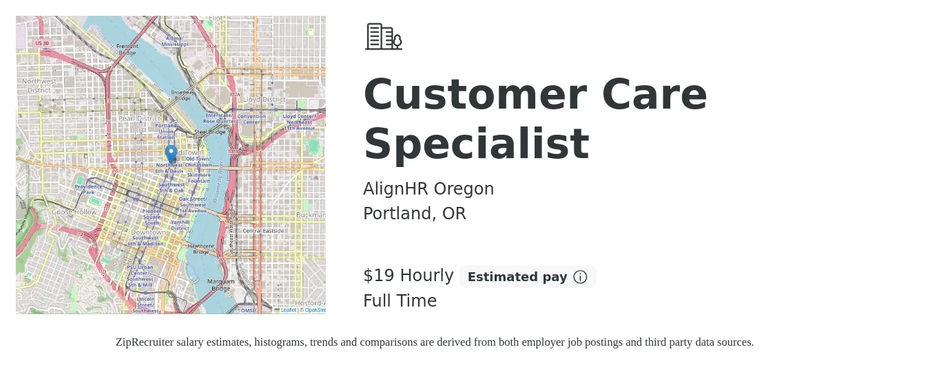 AlignHR Oregon job posting for a Customer Care Specialist in Portland, OR with a salary of $20 Hourly with a map of Portland location.