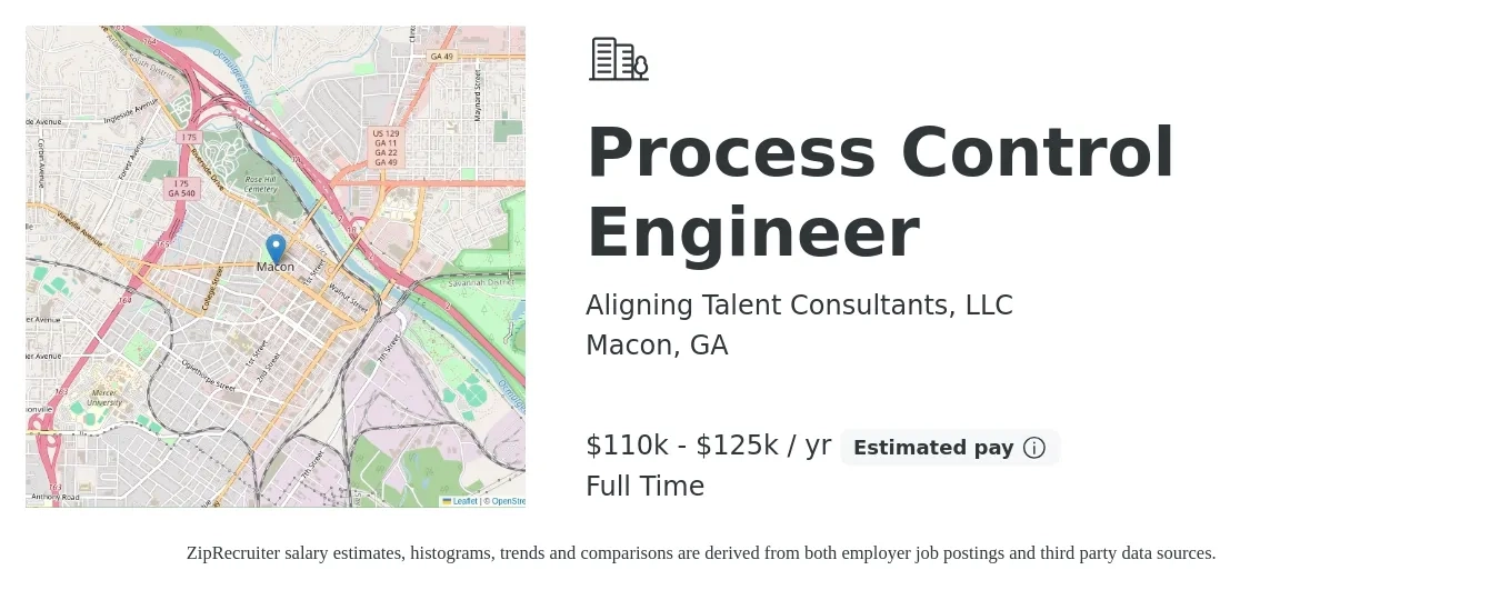 Aligning Talent Consultants, LLC job posting for a Process Control Engineer in Macon, GA with a salary of $72,400 to $111,700 Yearly with a map of Macon location.