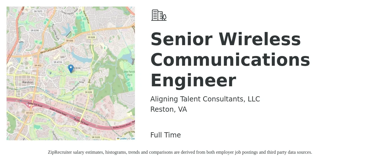 Aligning Talent Consultants, LLC job posting for a Senior Wireless Communications Engineer in Reston, VA with a salary of $74,400 to $104,000 Yearly with a map of Reston location.