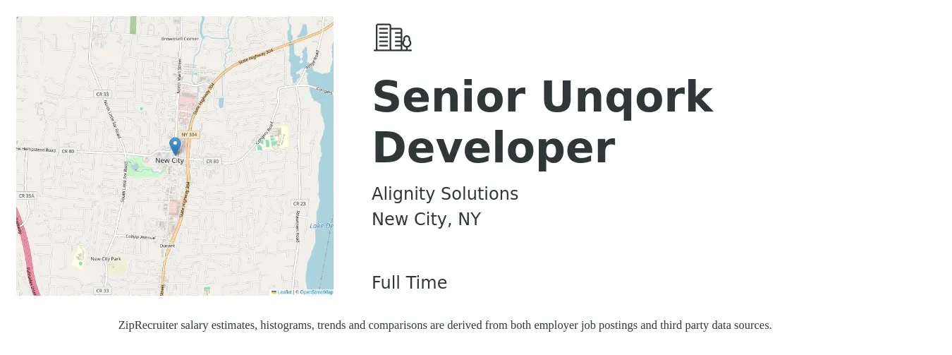 Alignity Solutions job posting for a Senior Unqork Developer in New City, NY with a salary of $55 to $72 Hourly with a map of New City location.