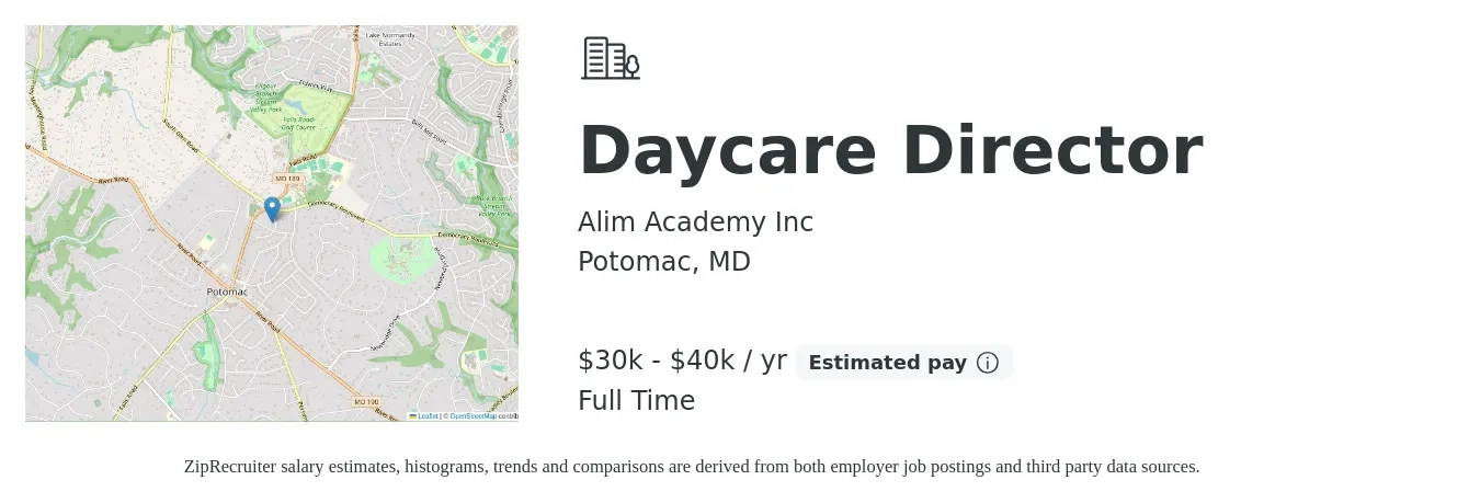 Alim Academy Inc job posting for a Daycare Director in Potomac, MD with a salary of $30,000 to $40,000 Yearly with a map of Potomac location.