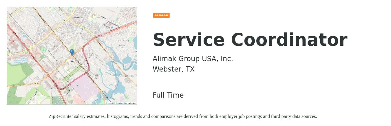 Alimak Group USA, Inc. job posting for a Service Coordinator in Webster, TX with a salary of $17 to $22 Hourly with a map of Webster location.