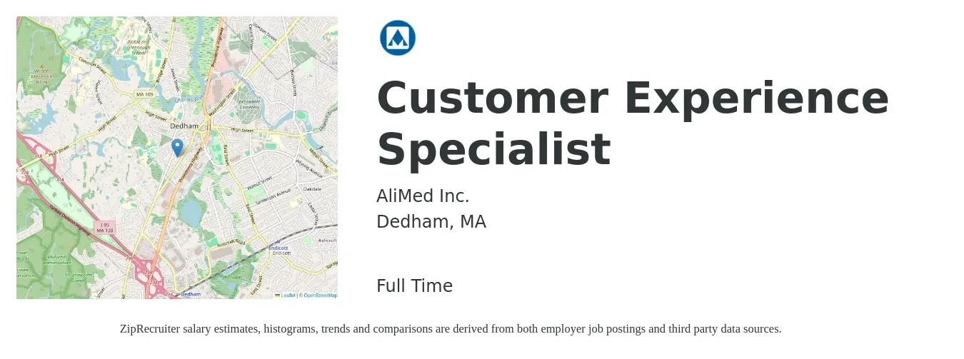 AliMed Inc. job posting for a Customer Experience Specialist in Dedham, MA with a salary of $18 to $23 Hourly with a map of Dedham location.