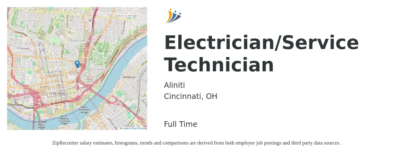 Aliniti job posting for a Electrician/Service Technician in Cincinnati, OH with a salary of $22 to $34 Hourly with a map of Cincinnati location.
