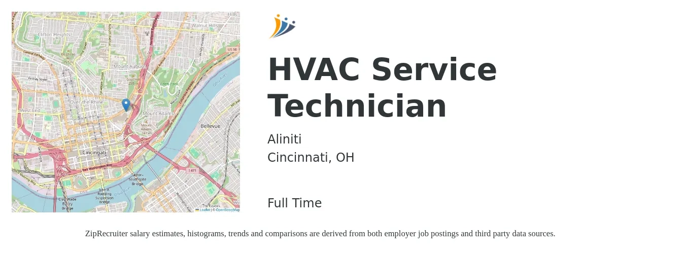 Aliniti job posting for a HVAC Service Technician in Cincinnati, OH with a salary of $24 to $34 Hourly with a map of Cincinnati location.