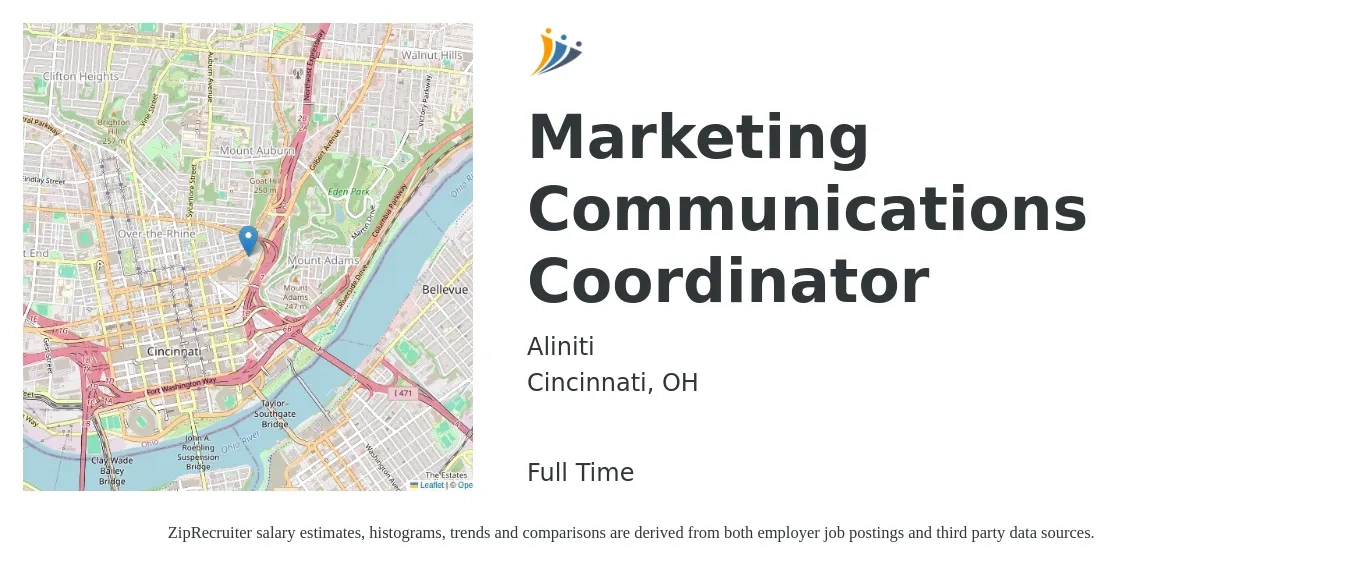 Aliniti job posting for a Marketing Communications Coordinator in Cincinnati, OH with a salary of $41,500 to $55,800 Yearly with a map of Cincinnati location.