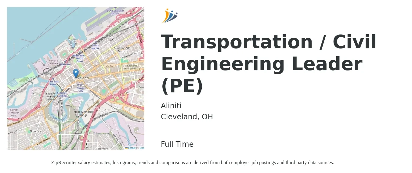Aliniti job posting for a Transportation / Civil Engineering Leader (PE) in Cleveland, OH with a salary of $74,700 to $111,600 Yearly with a map of Cleveland location.