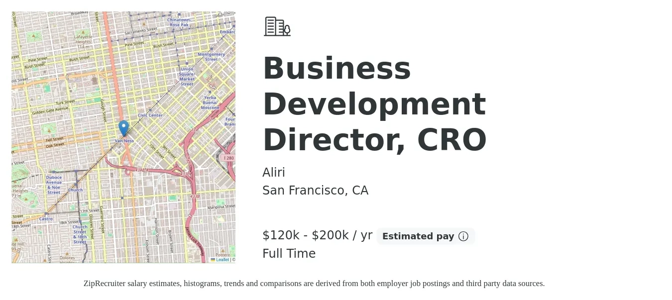 Aliri job posting for a Business Development Director, CRO in San Francisco, CA with a salary of $120,000 to $200,000 Yearly with a map of San Francisco location.