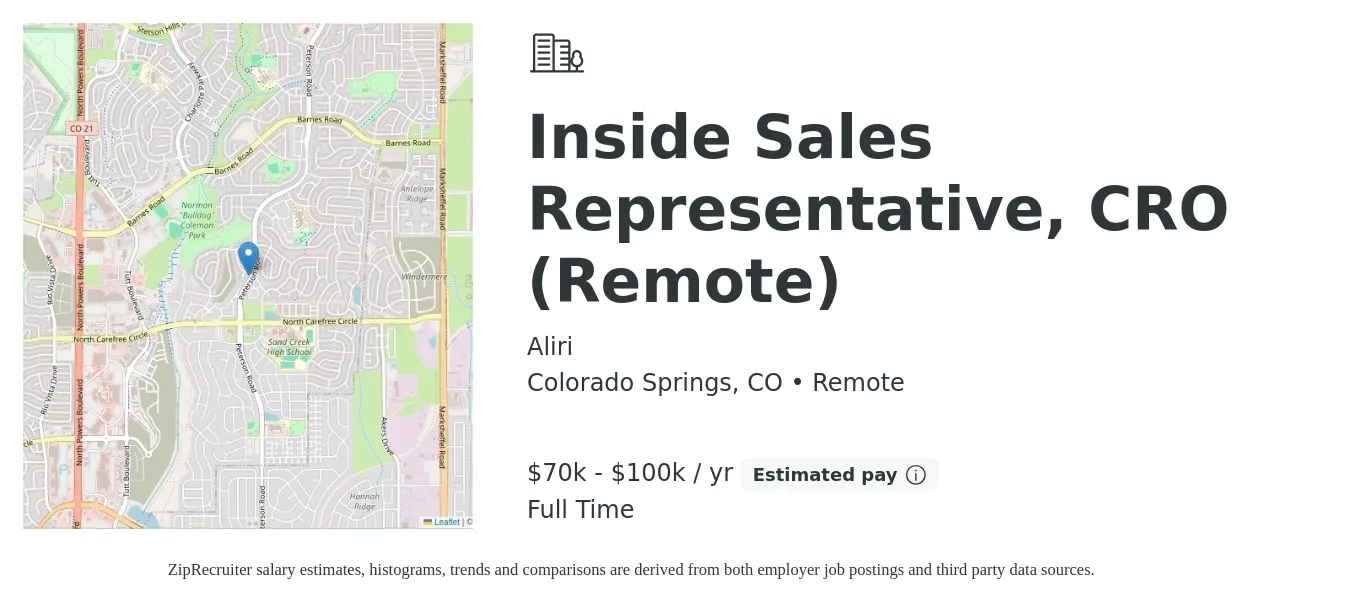 Aliri job posting for a Inside Sales Representative, CRO (Remote) in Colorado Springs, CO with a salary of $70,000 to $100,000 Yearly with a map of Colorado Springs location.