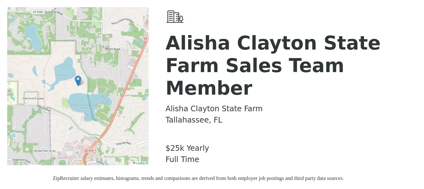 Alisha Clayton State Farm job posting for a Alisha Clayton State Farm Sales Team Member in Tallahassee, FL with a salary of $25,000 Yearly and benefits including life_insurance with a map of Tallahassee location.