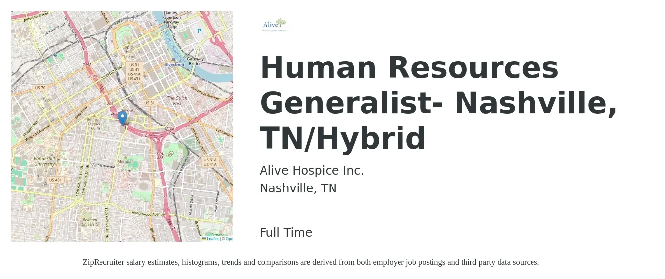 Alive Hospice Inc. job posting for a Human Resources Generalist- Nashville, TN/Hybrid in Nashville, TN with a salary of $50,200 to $71,500 Yearly with a map of Nashville location.