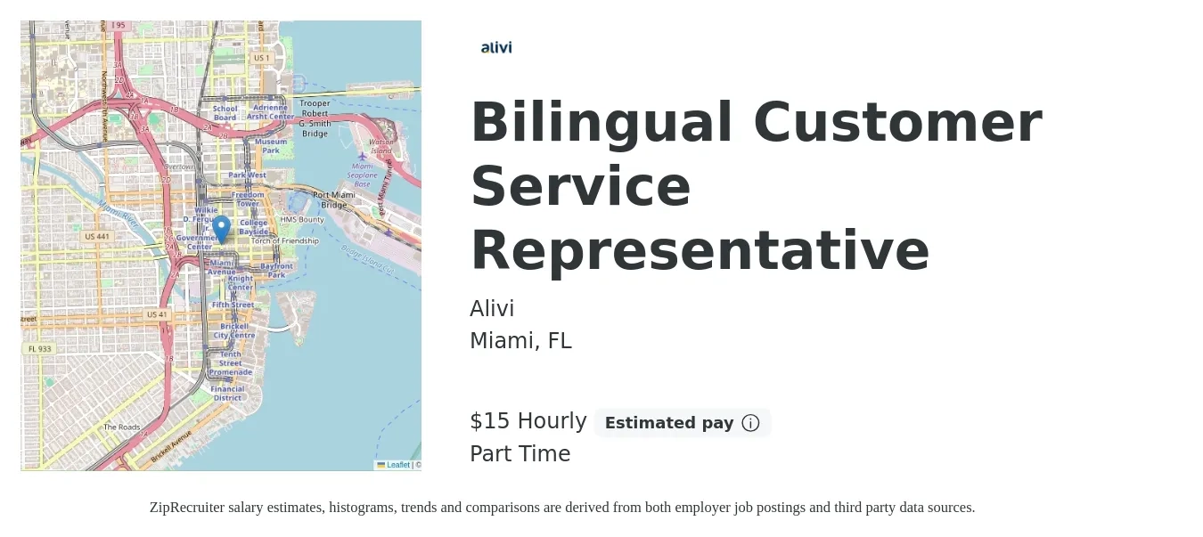 Alivi job posting for a Bilingual Customer Service Representative in Miami, FL with a salary of $16 Hourly with a map of Miami location.