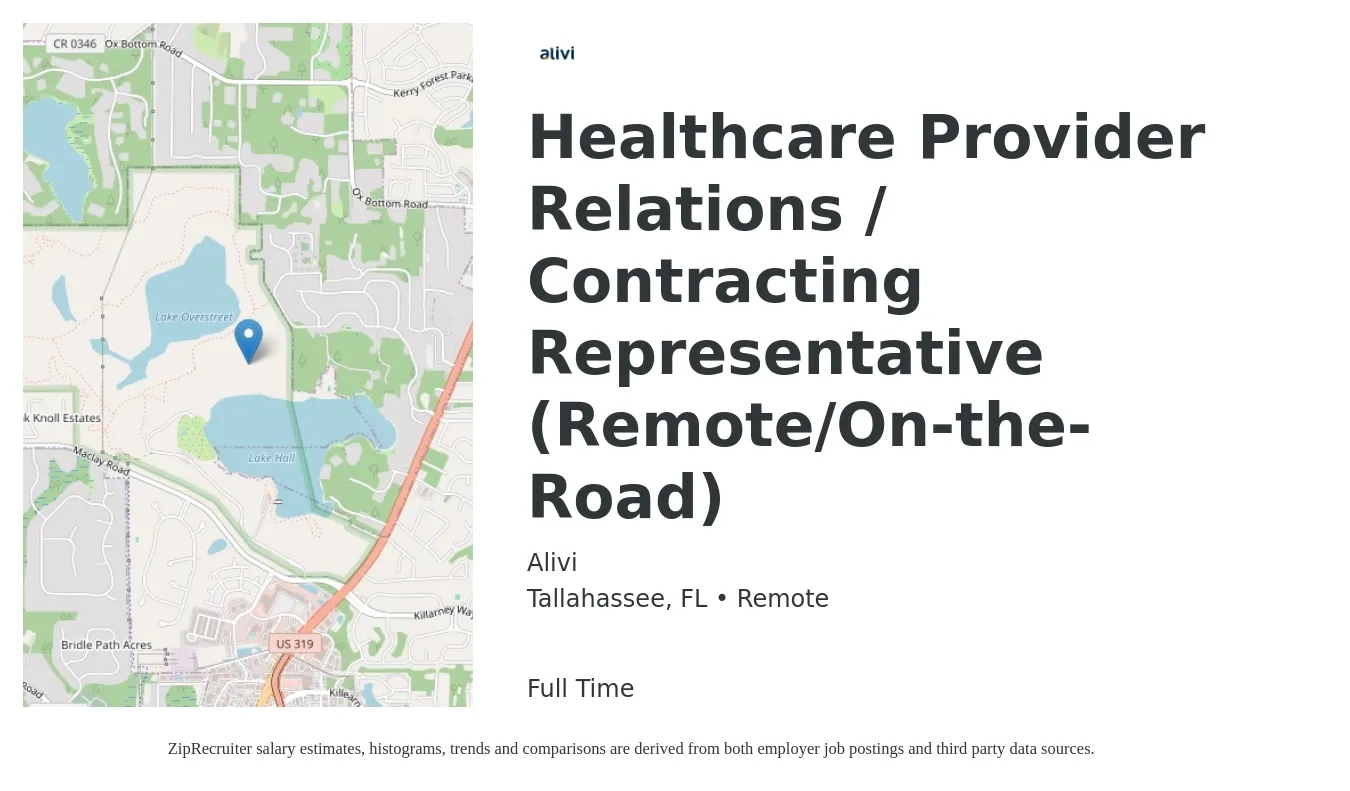 Alivi job posting for a Healthcare Provider Relations / Contracting Representative (Remote/On-the-Road) in Tallahassee, FL with a salary of $22 to $31 Hourly with a map of Tallahassee location.