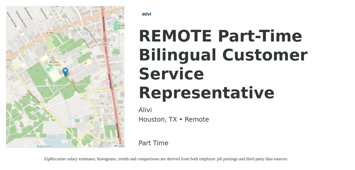 Alivi job posting for a REMOTE Part-Time Bilingual Customer Service Representative in Houston, TX with a salary of $20 Hourly with a map of Houston location.