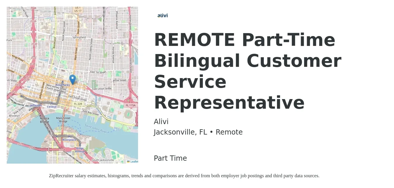 Alivi job posting for a REMOTE Part-Time Bilingual Customer Service Representative in Jacksonville, FL with a salary of $20 Hourly with a map of Jacksonville location.