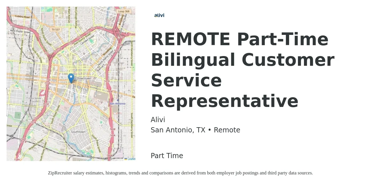 Alivi job posting for a REMOTE Part-Time Bilingual Customer Service Representative in San Antonio, TX with a salary of $20 Hourly with a map of San Antonio location.