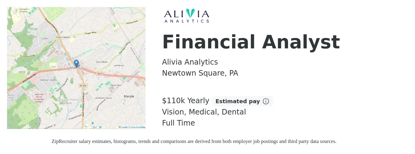 Alivia Analytics job posting for a Financial Analyst in Newtown Square, PA with a salary of $110,000 Yearly and benefits including dental, medical, and vision with a map of Newtown Square location.