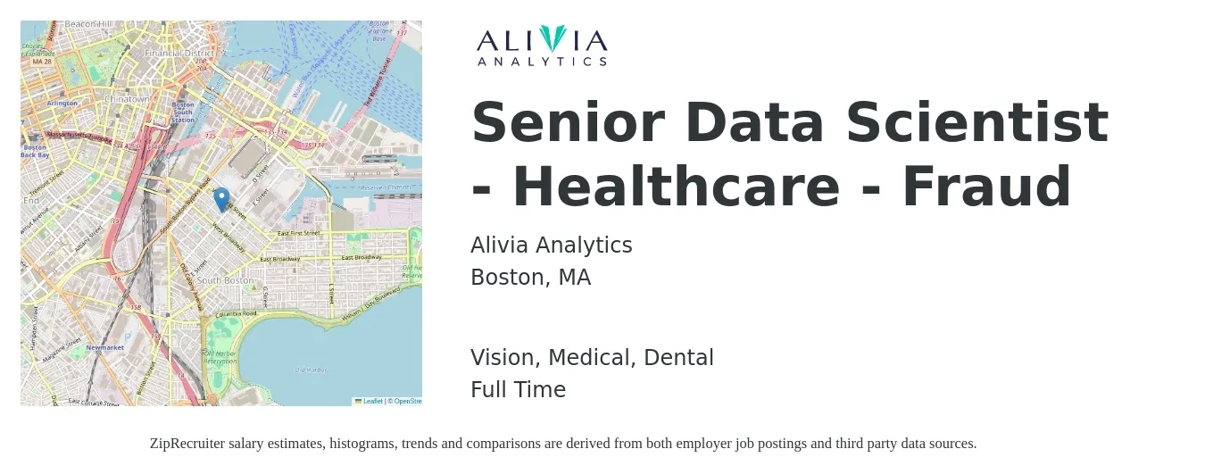 Alivia Analytics job posting for a Senior Data Scientist - Healthcare - Fraud in Boston, MA with a salary of $128,700 to $180,900 Yearly and benefits including dental, medical, and vision with a map of Boston location.
