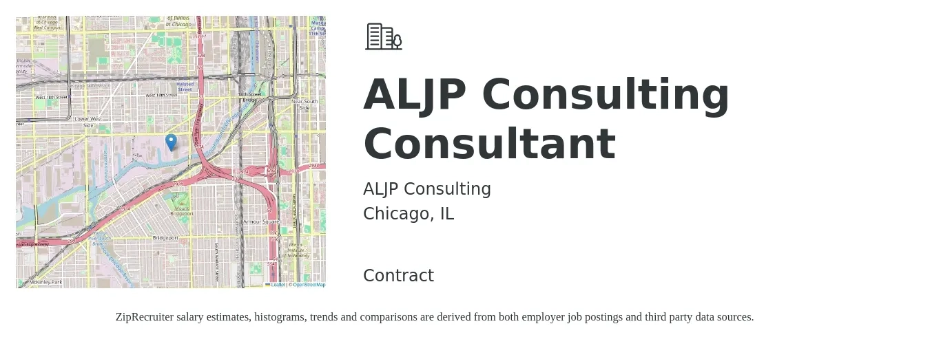 ALJP Consulting job posting for a ALJP Consulting Consultant in Chicago, IL with a salary of $51,600 to $108,800 Yearly with a map of Chicago location.