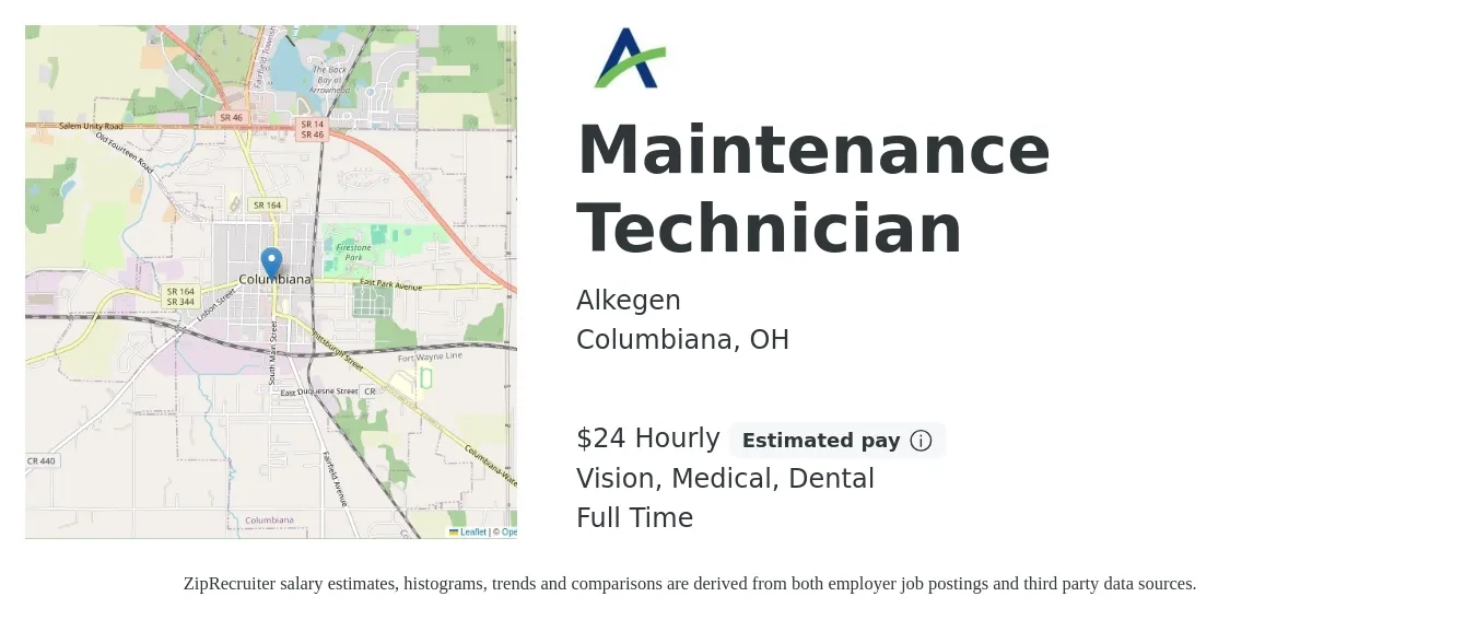 Alkegen job posting for a Maintenance Technician in Columbiana, OH with a salary of $25 Hourly and benefits including dental, life_insurance, medical, retirement, and vision with a map of Columbiana location.