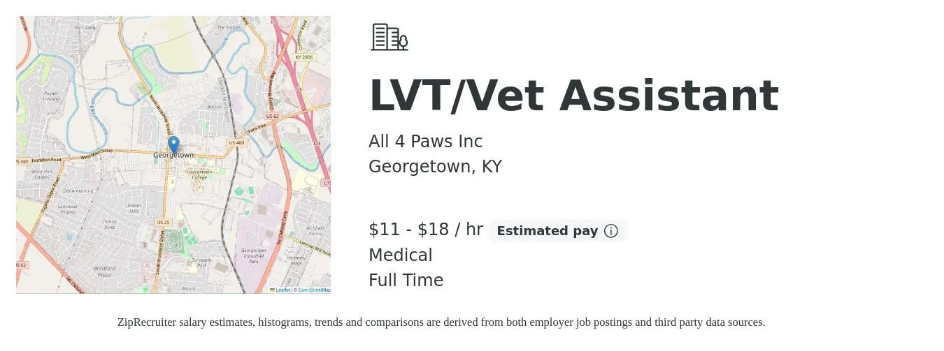 All 4 Paws Inc job posting for a LVT/Vet Assistant in Georgetown, KY with a salary of $12 to $19 Hourly and benefits including medical with a map of Georgetown location.