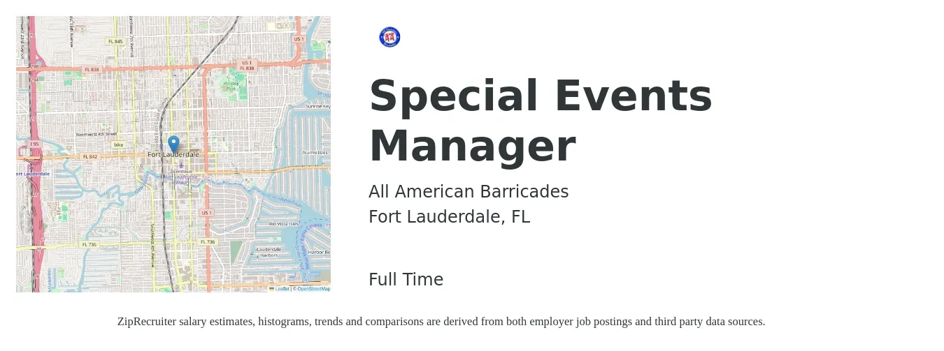 All American Barricades job posting for a Special Events Manager in Fort Lauderdale, FL with a salary of $38,100 to $62,900 Yearly with a map of Fort Lauderdale location.