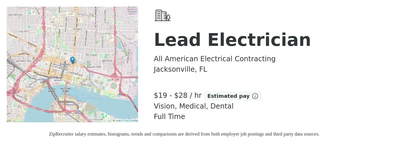 All American Electrical Contracting job posting for a Lead Electrician in Jacksonville, FL with a salary of $20 to $30 Hourly and benefits including medical, pto, vision, dental, and life_insurance with a map of Jacksonville location.