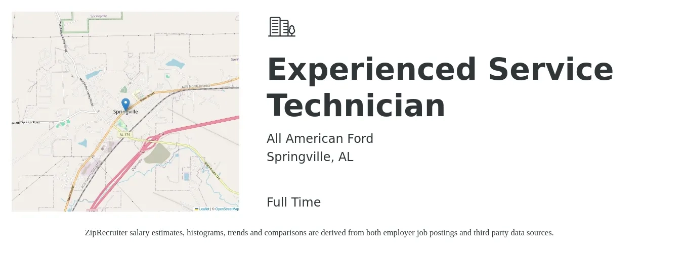 All American Ford job posting for a Experienced Service Technician in Springville, AL with a salary of $18 to $29 Hourly with a map of Springville location.