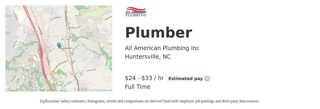 All American Plumbing Inc job posting for a Plumber in Huntersville, NC with a salary of $25 to $35 Hourly with a map of Huntersville location.