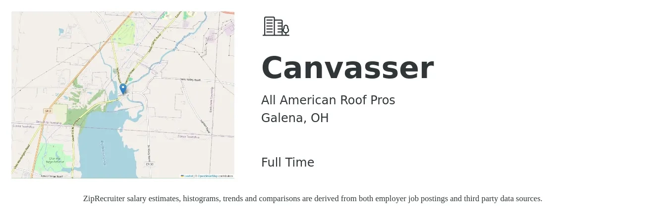 All American Roof Pros job posting for a Canvasser in Galena, OH with a salary of $18 to $23 Hourly with a map of Galena location.