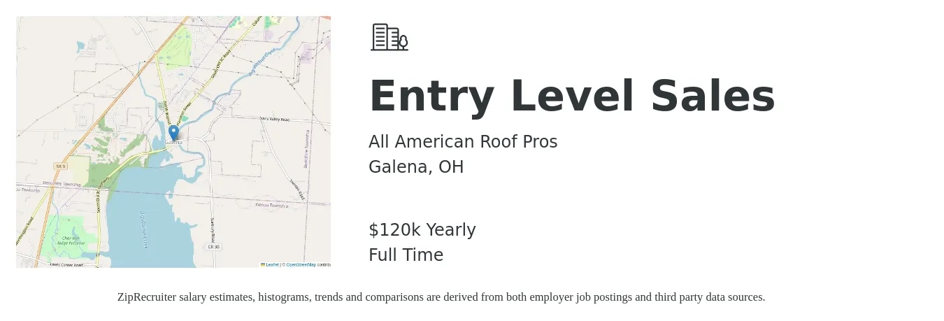 All American Roof Pros job posting for a Entry Level Sales in Galena, OH with a salary of $120,000 Yearly with a map of Galena location.