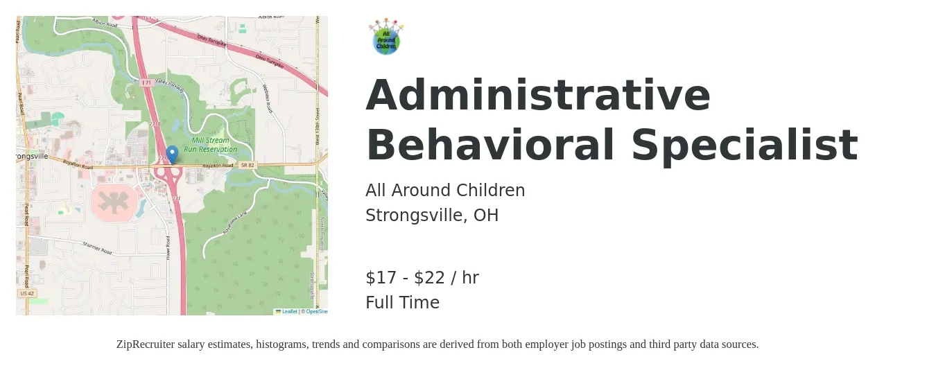 All Around Children job posting for a Administrative Behavioral Specialist in Strongsville, OH with a salary of $18 to $23 Hourly with a map of Strongsville location.