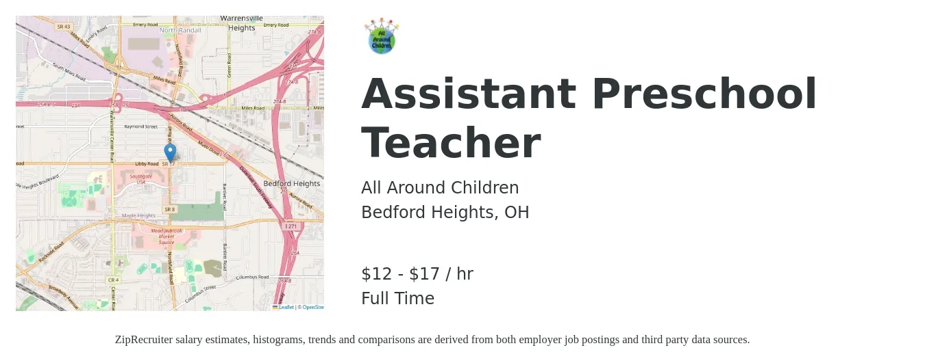 All Around Children job posting for a Assistant Preschool Teacher in Bedford Heights, OH with a salary of $13 to $18 Hourly with a map of Bedford Heights location.