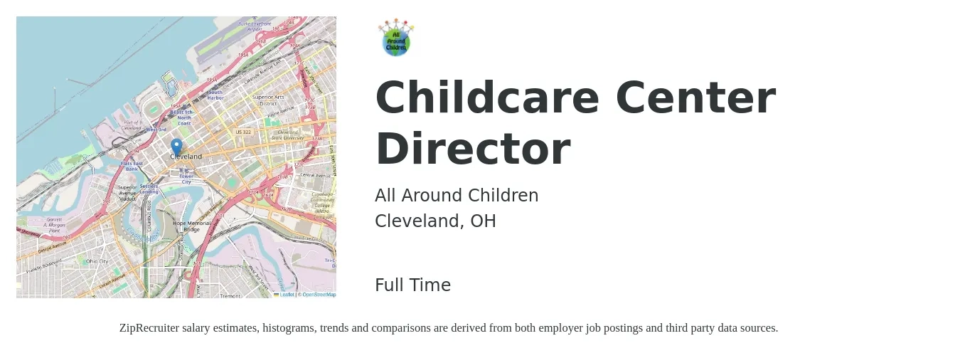 All Around Children job posting for a Childcare Center Director in Cleveland, OH with a salary of $38,800 to $58,200 Yearly with a map of Cleveland location.