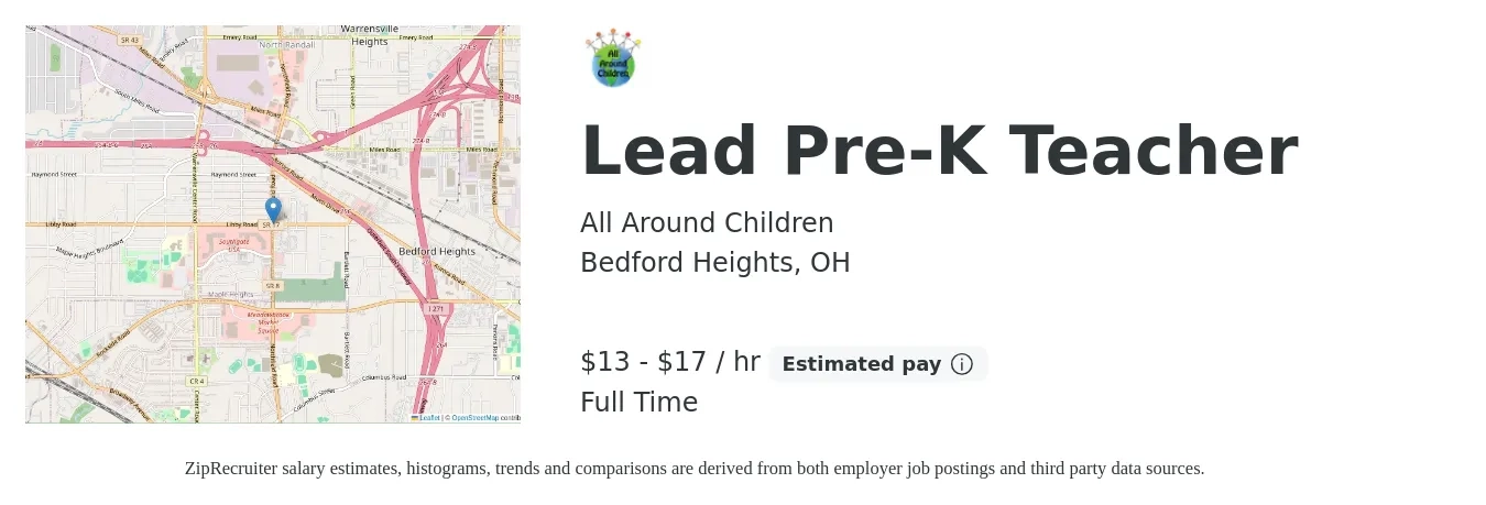 All Around Children job posting for a Lead Pre-K Teacher in Bedford Heights, OH with a salary of $14 to $18 Hourly with a map of Bedford Heights location.